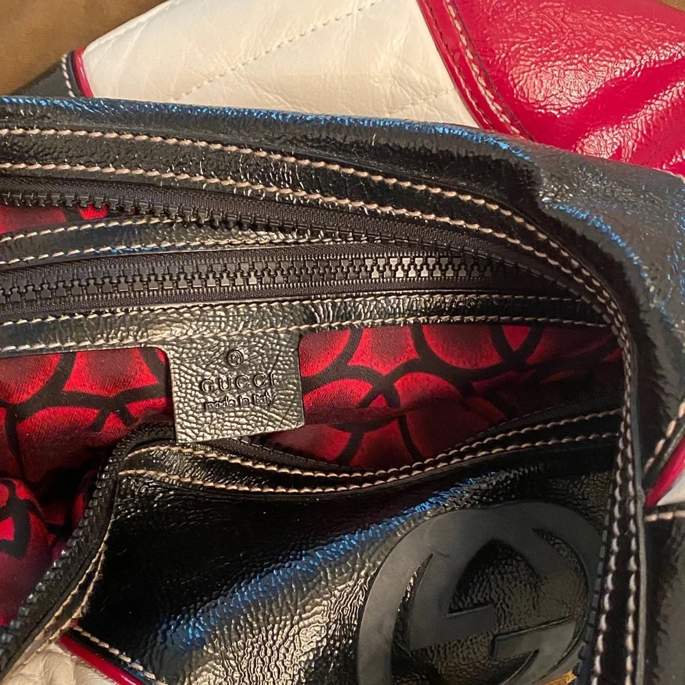 Vintage Gucci leather SNOW GLAM HOBO bag silver hardware  Red, White, and Black